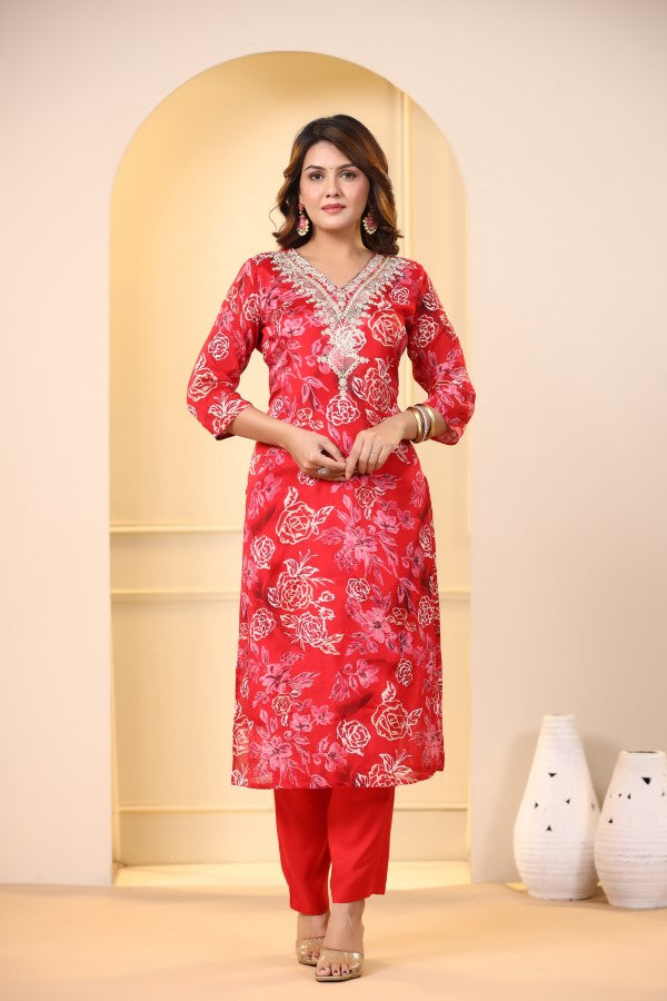 Red Floral Embroidered and Handworked Straight-Cut Kurta Set
