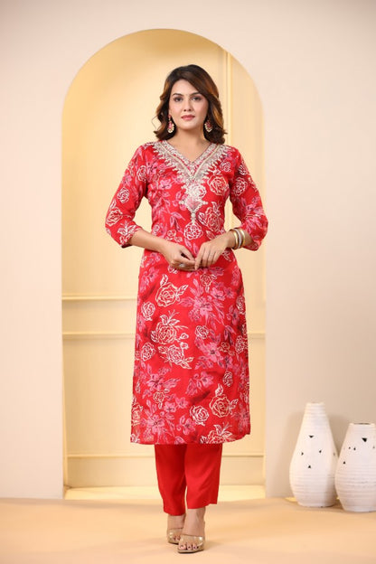 Red Floral Embroidered and Handworked Straight-Cut Kurta Set