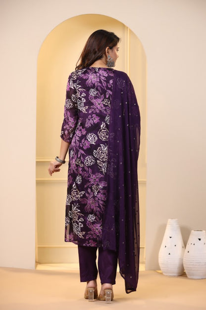 Purple Floral Embroidered and Handworked Straight-Cut Kurta Set