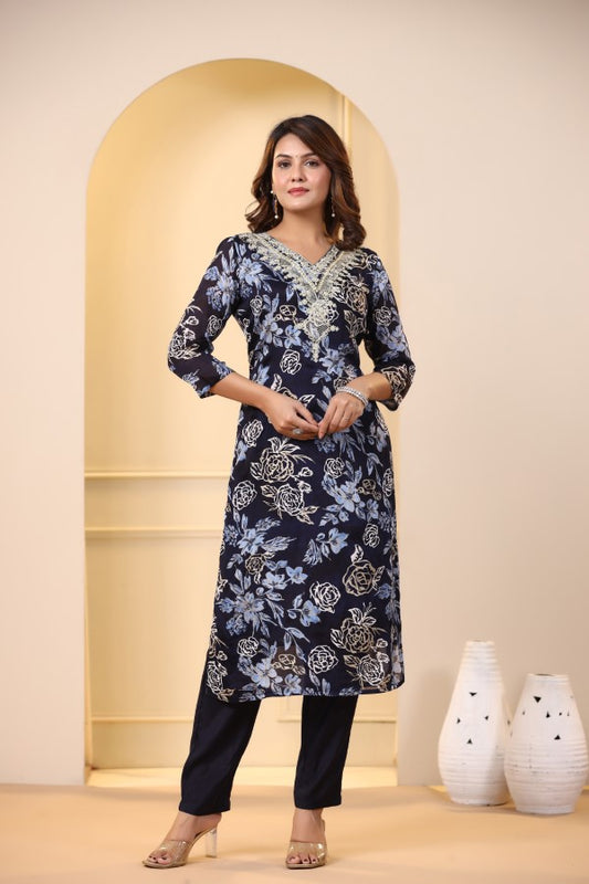 Blue Floral Embroidered and Handworked Straight-Cut Kurta Set