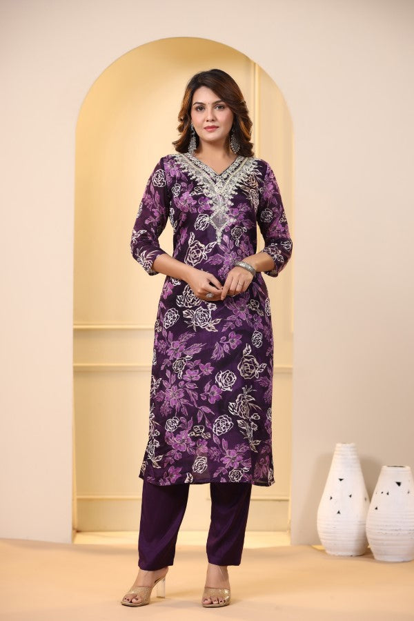 Purple Floral Embroidered and Handworked Straight-Cut Kurta Set