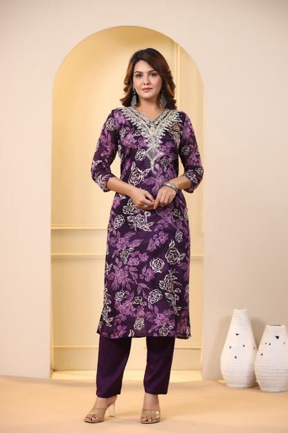 Purple Floral Embroidered and Handworked Straight-Cut Kurta Set
