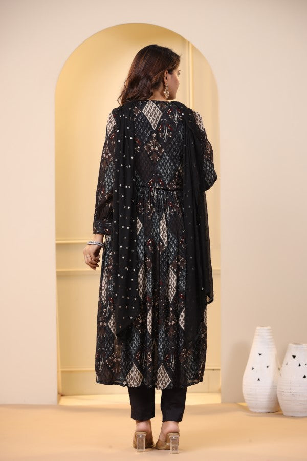 Black Ikkat Print Handworked Alia-Cut Kurta Suit Set