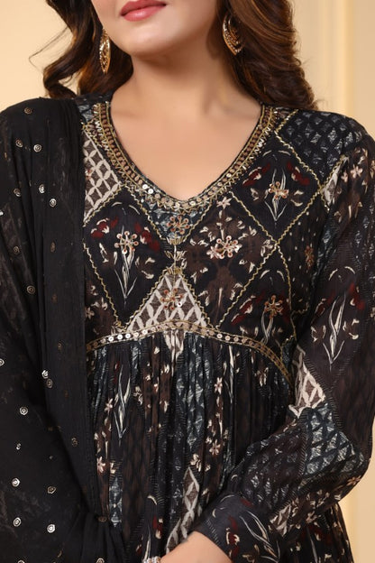 Black Ikkat Print Handworked Alia-Cut Kurta Suit Set
