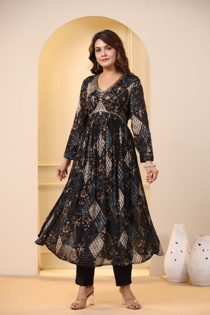 Black Ikkat Print Handworked Alia-Cut Kurta Suit Set