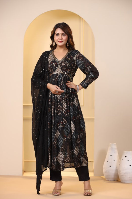 Black Ikkat Print Handworked Alia-Cut Kurta Suit Set