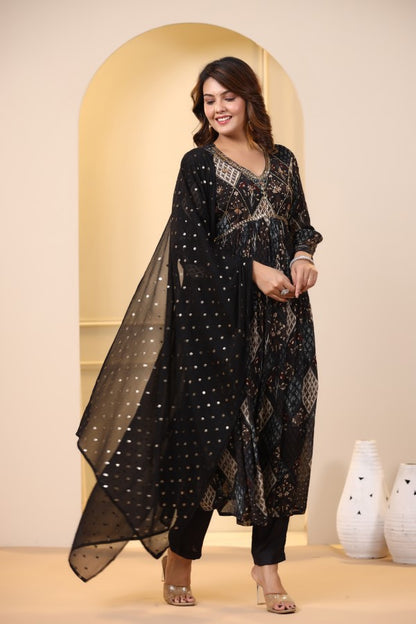 Black Ikkat Print Handworked Alia-Cut Kurta Suit Set