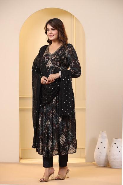 Black Ikkat Print Handworked Alia-Cut Kurta Suit Set
