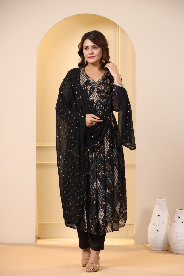 Black Ikkat Print Handworked Alia-Cut Kurta Suit Set
