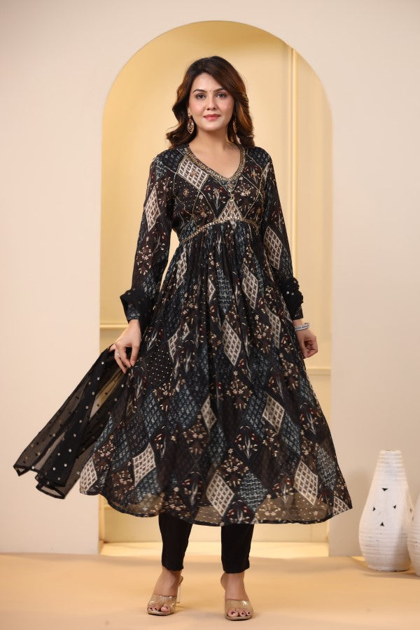 Black Ikkat Print Handworked Alia-Cut Kurta Suit Set