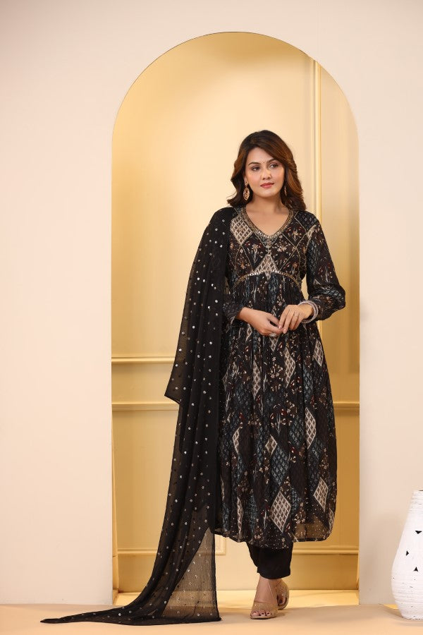 Black Ikkat Print Handworked Alia-Cut Kurta Suit Set