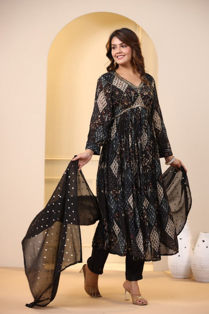 Black Ikkat Print Handworked Alia-Cut Kurta Suit Set