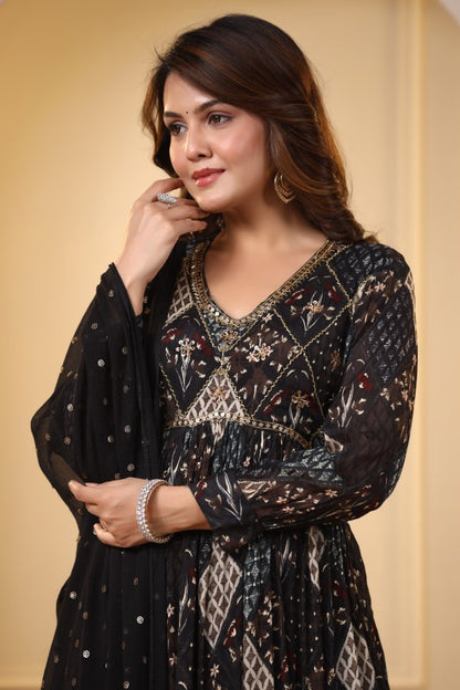 Black Ikkat Print Handworked Alia-Cut Kurta Suit Set