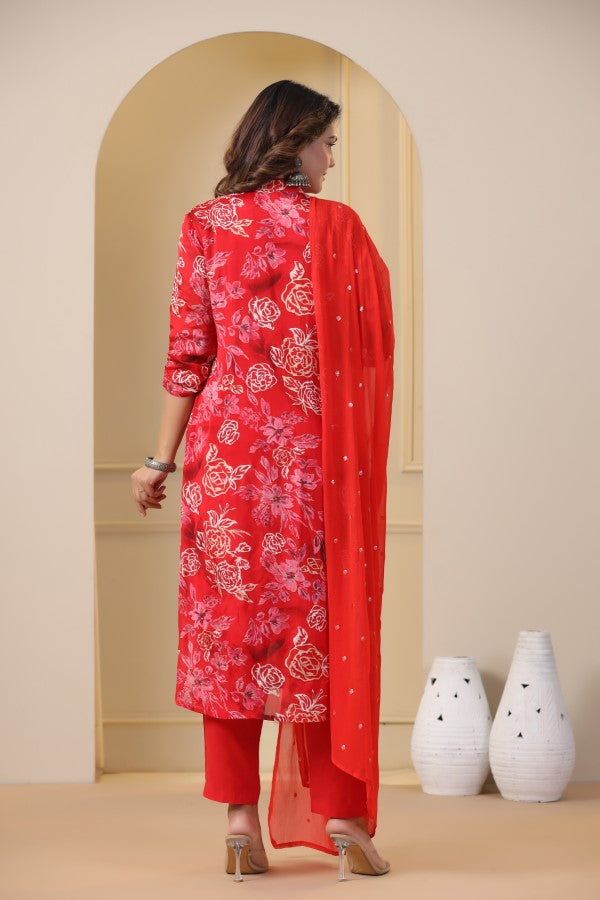 Red Floral Handworked Straight-Cut Kurta Set