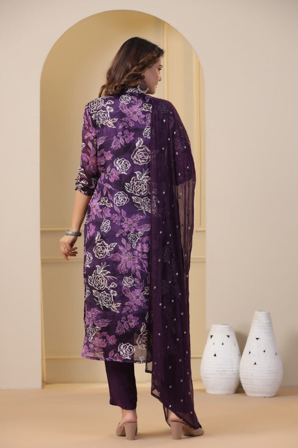 Purple Floral Handworked Straight-Cut Kurta Set