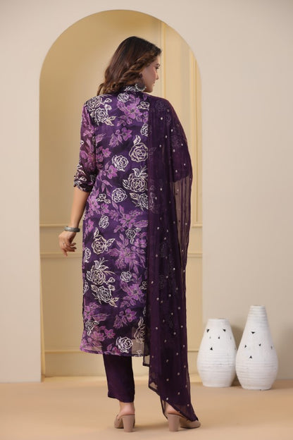Purple Floral Handworked Straight-Cut Kurta Set
