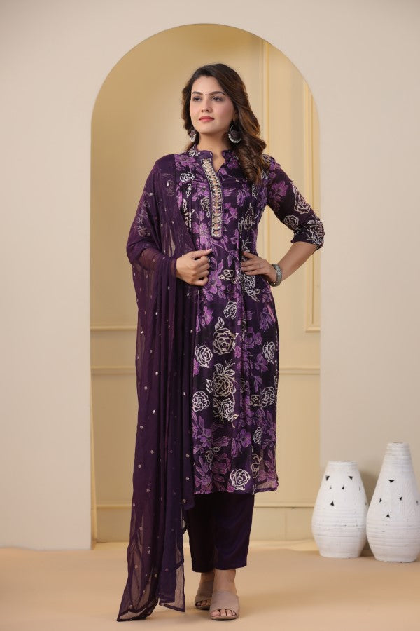 Purple Floral Handworked Straight-Cut Kurta Set