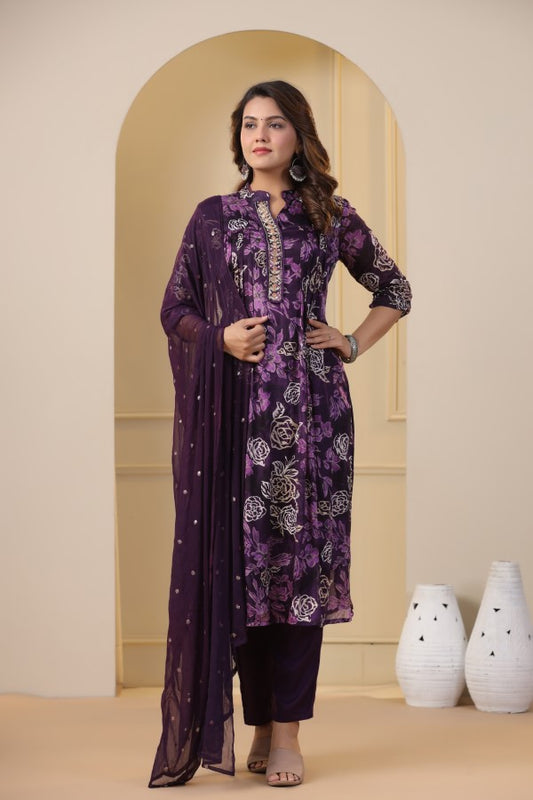 Purple Floral Handworked Straight-Cut Kurta Set