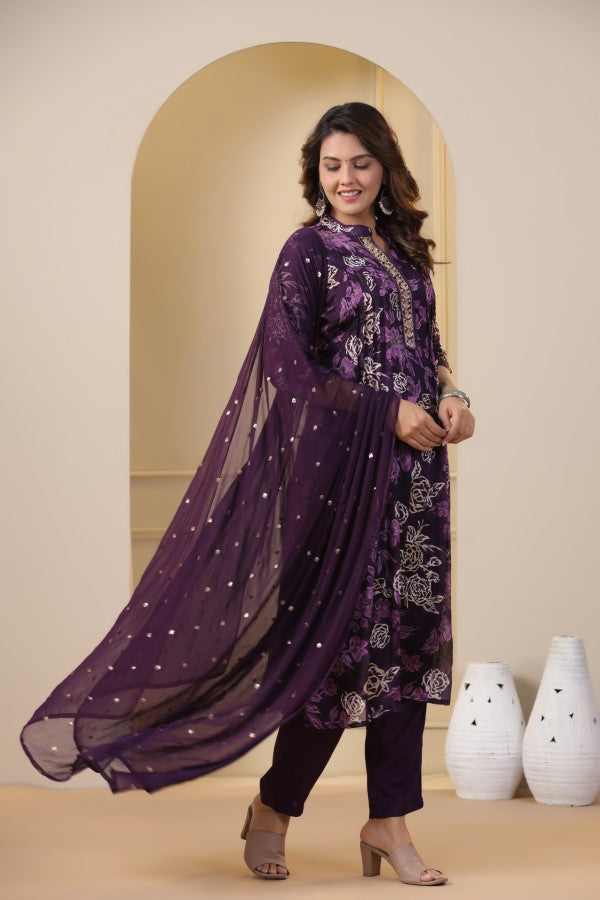Purple Floral Handworked Straight-Cut Kurta Set