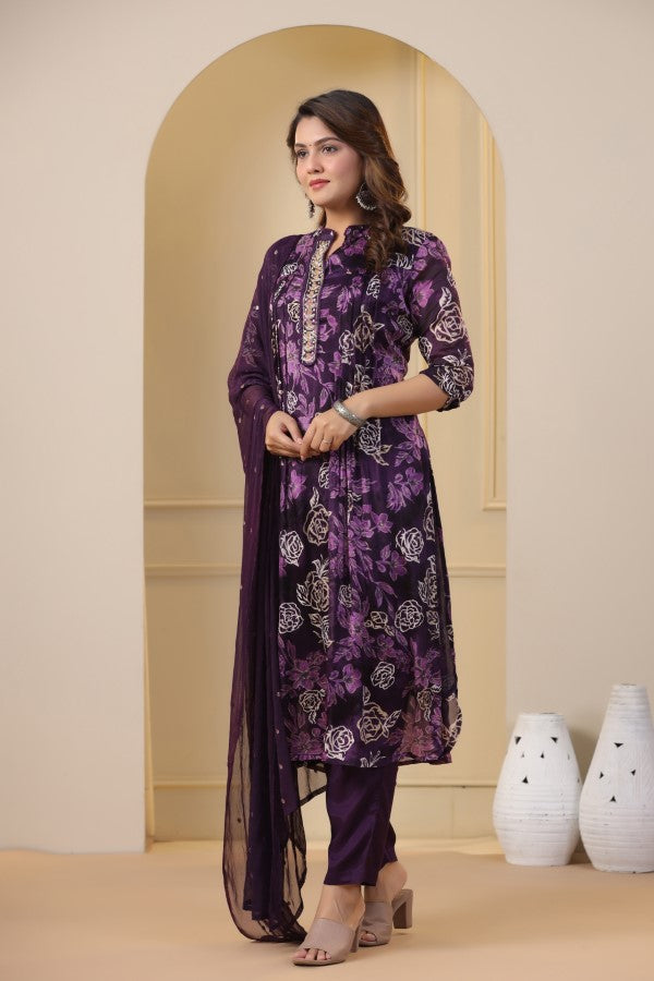 Purple Floral Handworked Straight-Cut Kurta Set