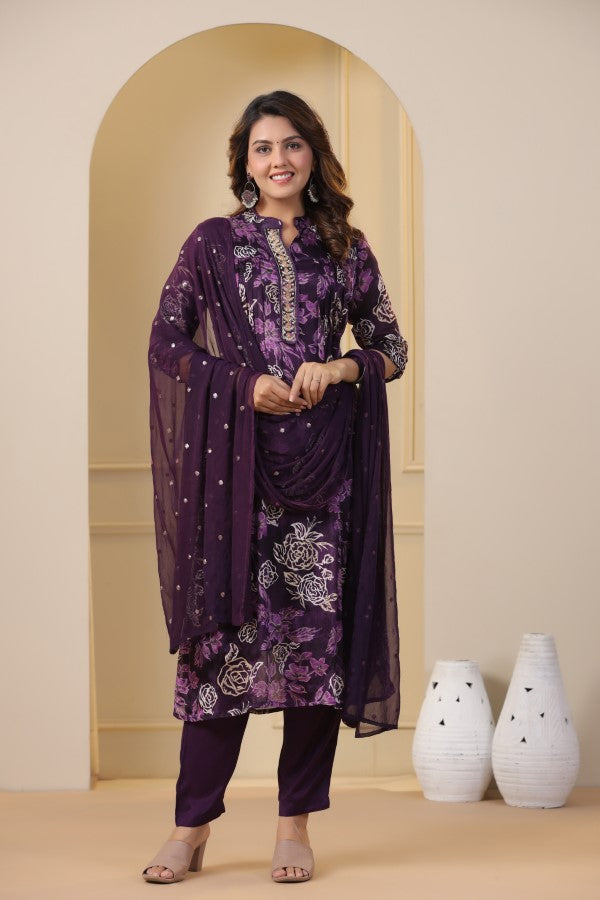 Purple Floral Handworked Straight-Cut Kurta Set