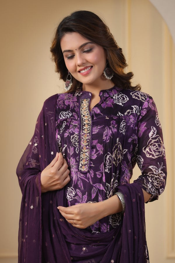 Purple Floral Handworked Straight-Cut Kurta Set