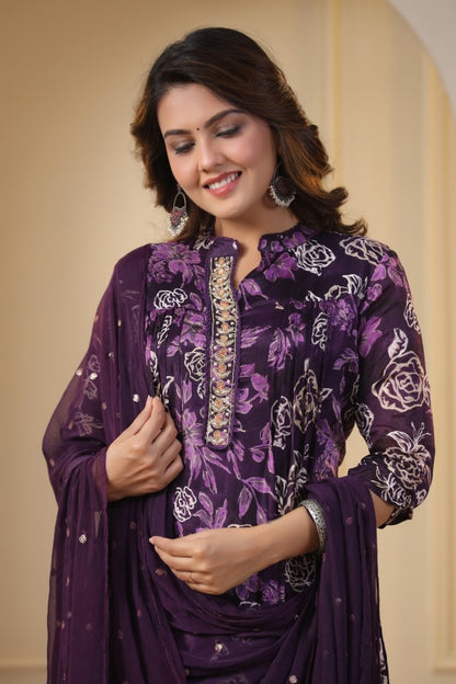 Purple Floral Handworked Straight-Cut Kurta Set