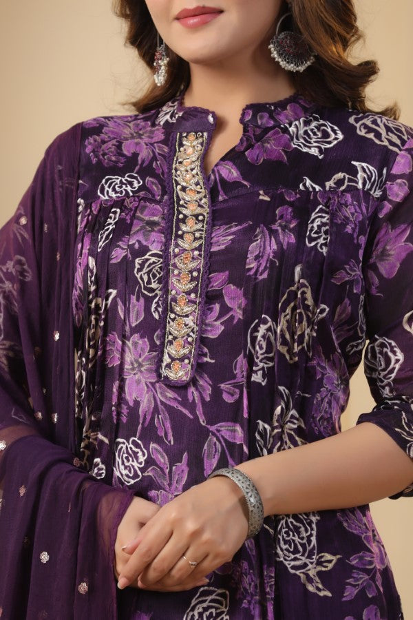 Purple Floral Handworked Straight-Cut Kurta Set