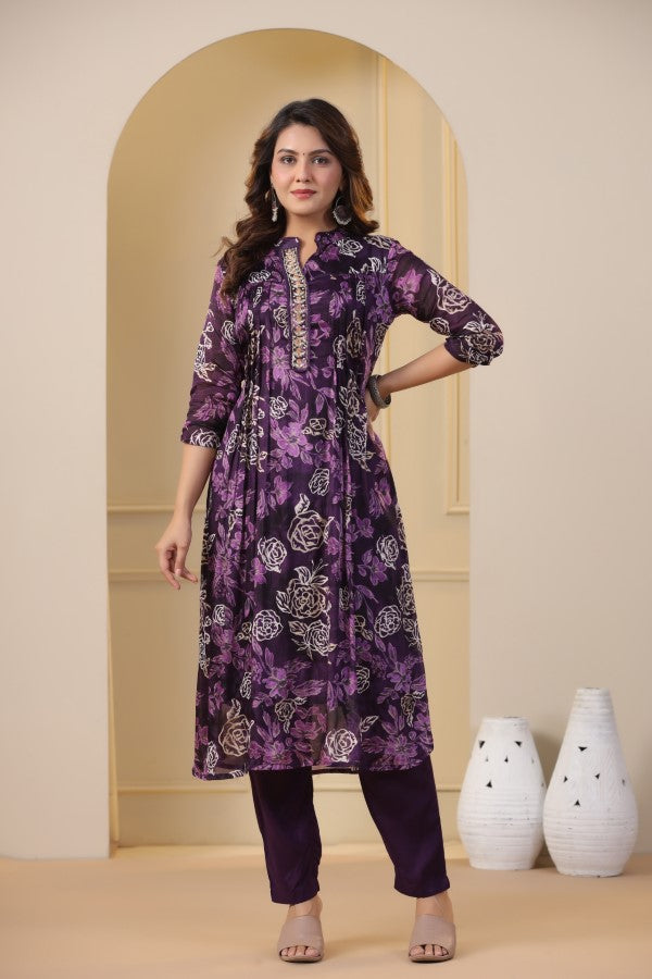 Purple Floral Handworked Straight-Cut Kurta Set