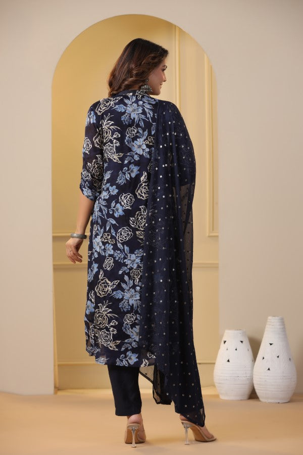 Blue Floral Handworked Straight-Cut Kurta Set