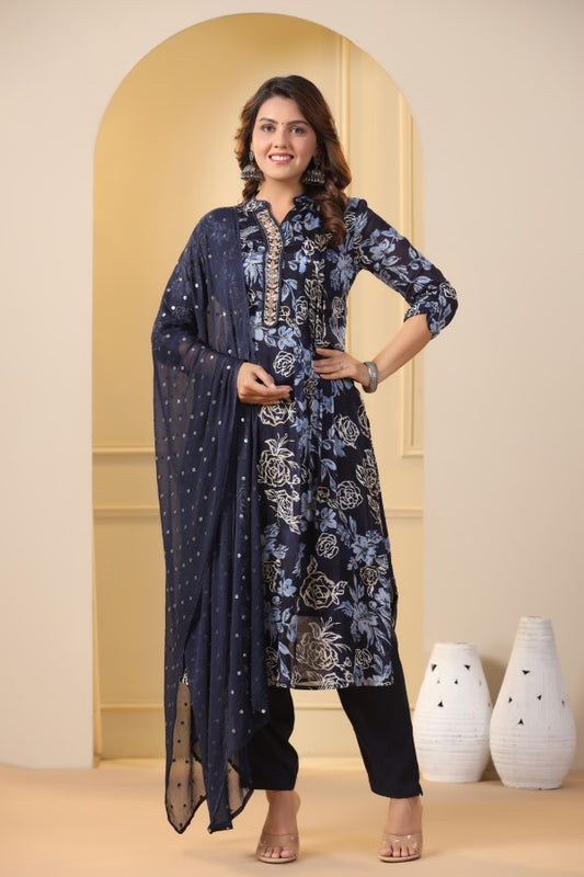 Blue Floral Handworked Straight-Cut Kurta Set