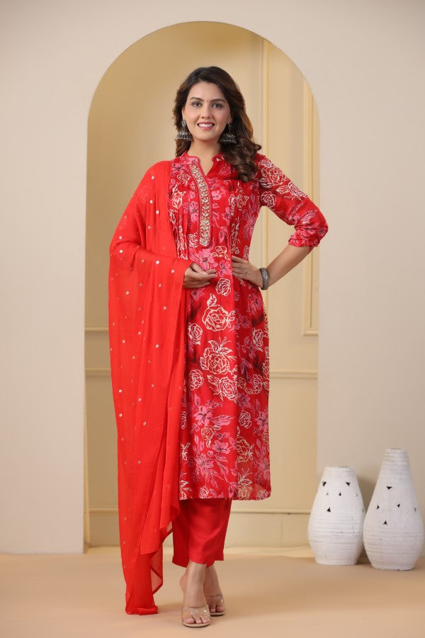 Red Floral Handworked Straight-Cut Kurta Set