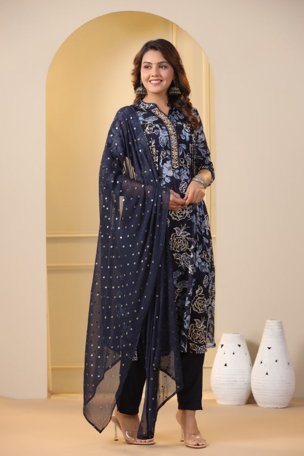 Blue Floral Handworked Straight-Cut Kurta Set