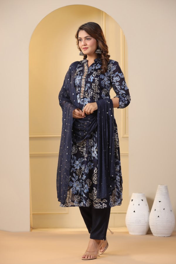 Blue Floral Handworked Straight-Cut Kurta Set
