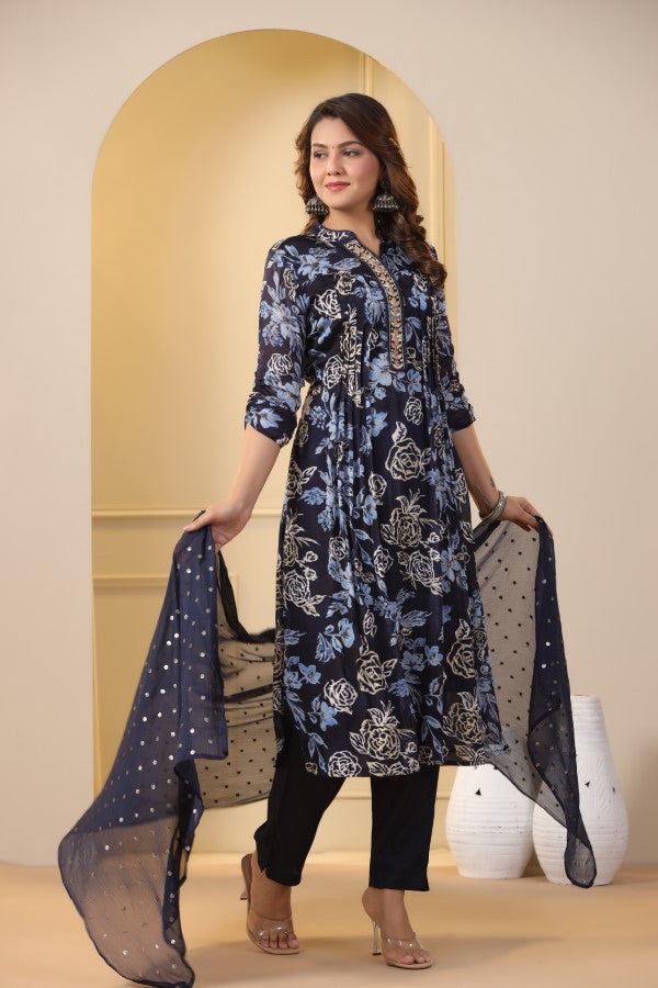 Blue Floral Handworked Straight-Cut Kurta Set