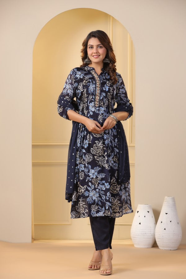 Blue Floral Handworked Straight-Cut Kurta Set
