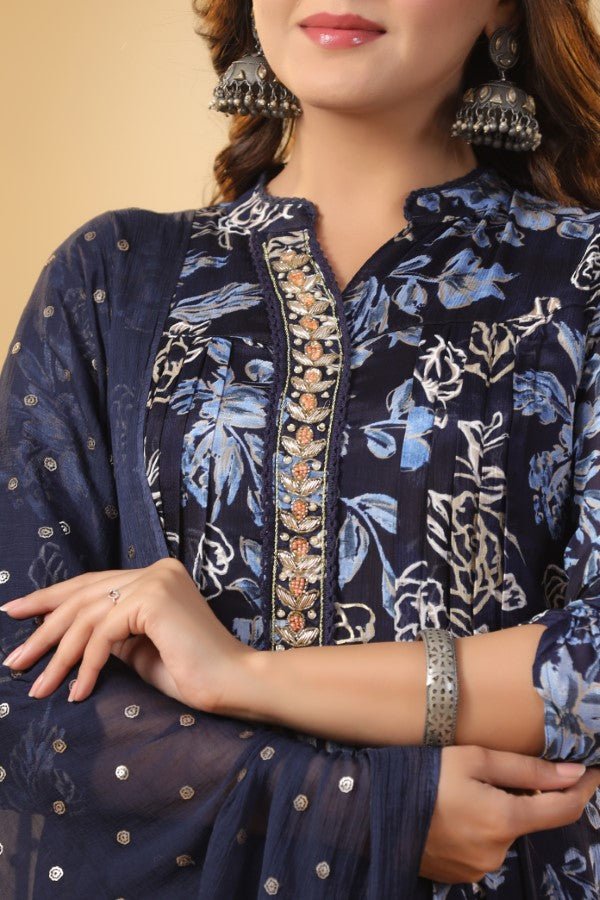 Blue Floral Handworked Straight-Cut Kurta Set