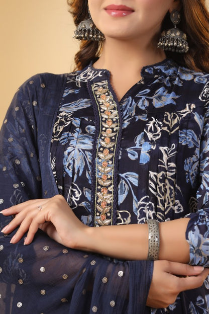 Blue Floral Handworked Straight-Cut Kurta Set