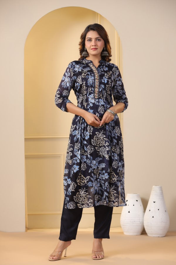 Blue Floral Handworked Straight-Cut Kurta Set