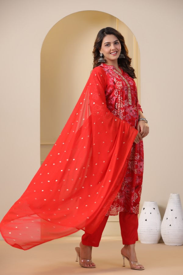 Red Floral Handworked Straight-Cut Kurta Set