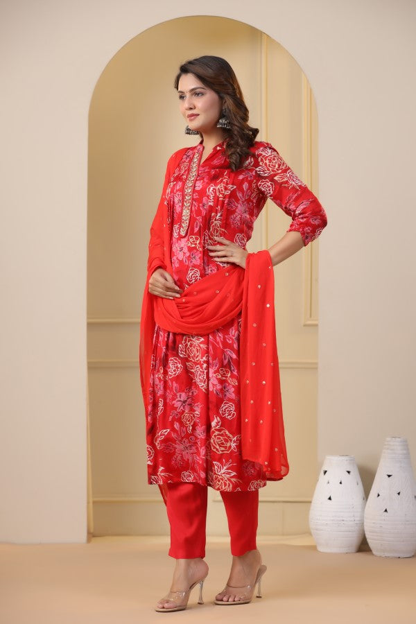 Red Floral Handworked Straight-Cut Kurta Set