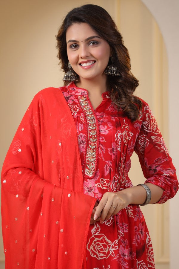 Red Floral Handworked Straight-Cut Kurta Set