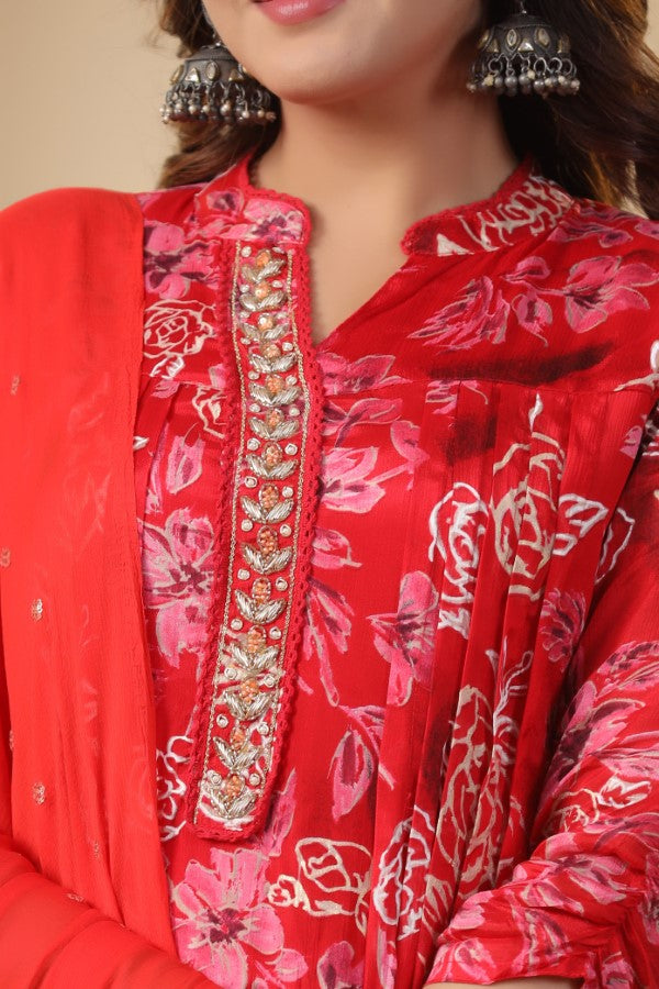 Red Floral Handworked Straight-Cut Kurta Set