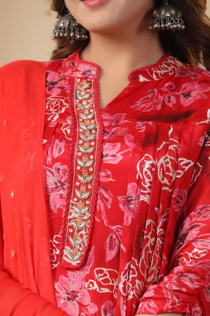 Red Floral Handworked Straight-Cut Kurta Set