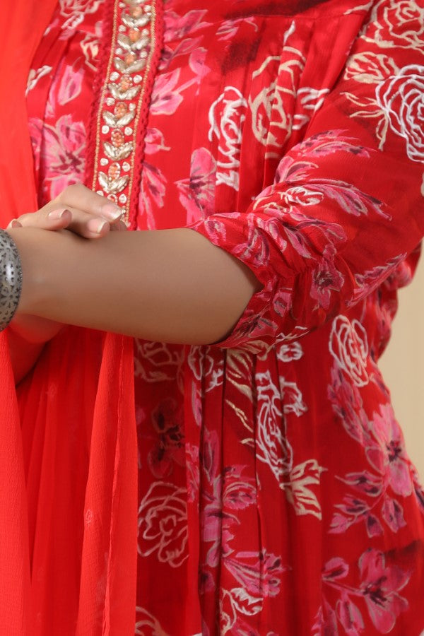 Red Floral Handworked Straight-Cut Kurta Set