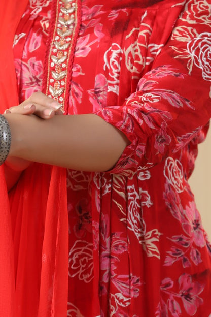 Red Floral Handworked Straight-Cut Kurta Set