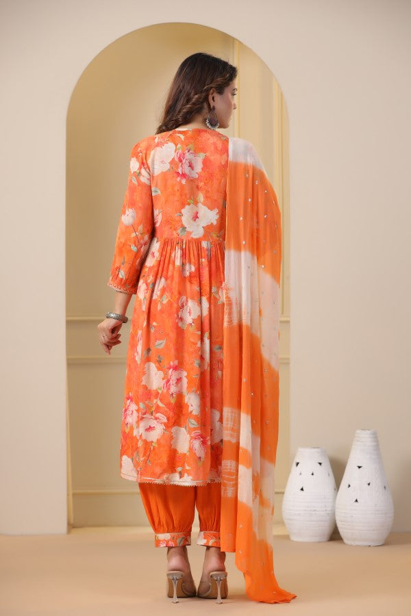 Orange Floral Embroidered and Handworked Straight-Cut Kurta Set