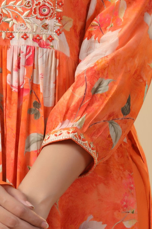 Orange Floral Embroidered and Handworked Straight-Cut Kurta Set