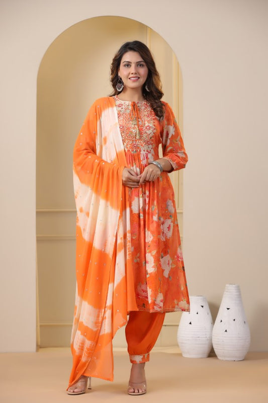 Orange Floral Embroidered and Handworked Straight-Cut Kurta Set