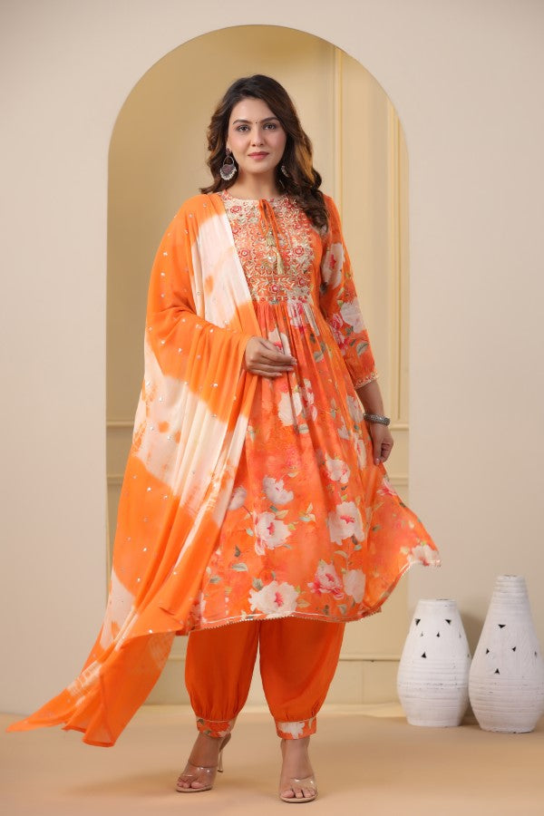 Orange Floral Embroidered and Handworked Straight-Cut Kurta Set